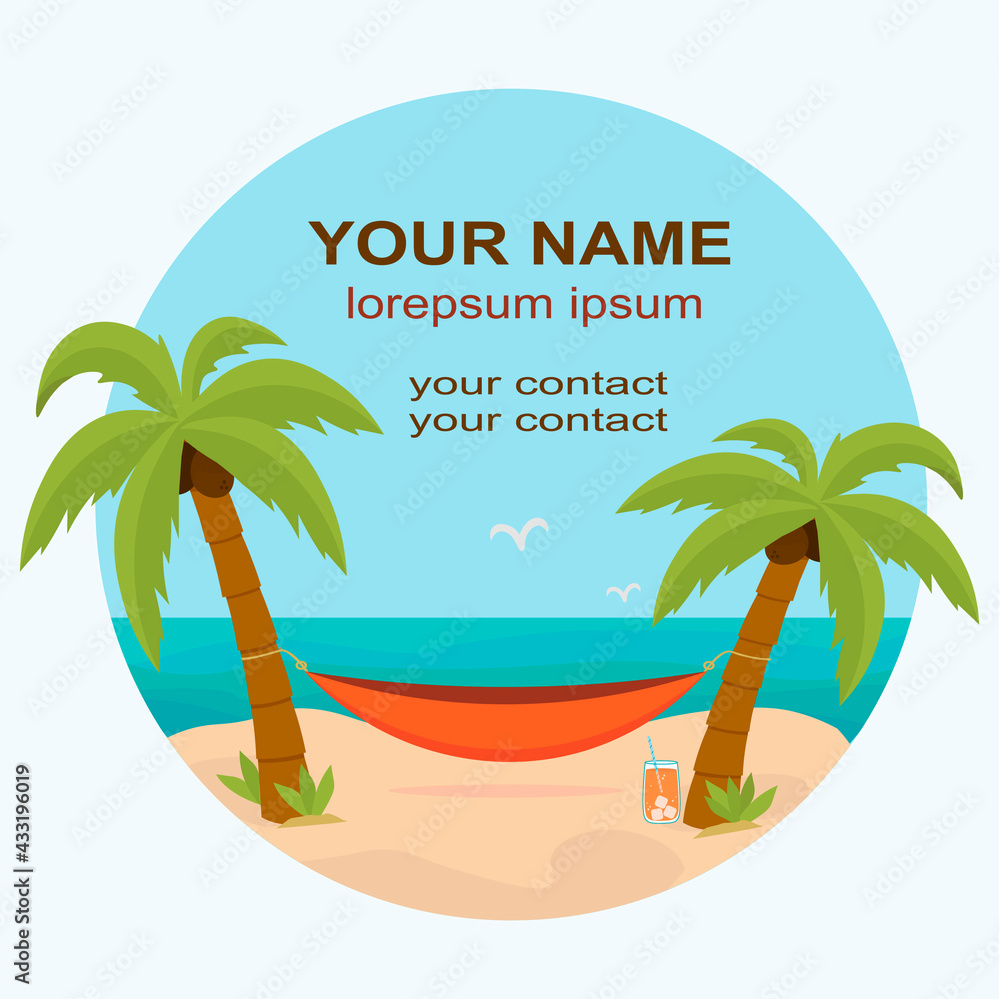 Fototapeta premium Logo or icon - hammock with palm trees on the beach with a place for your text - round shape. Vector flat design.
