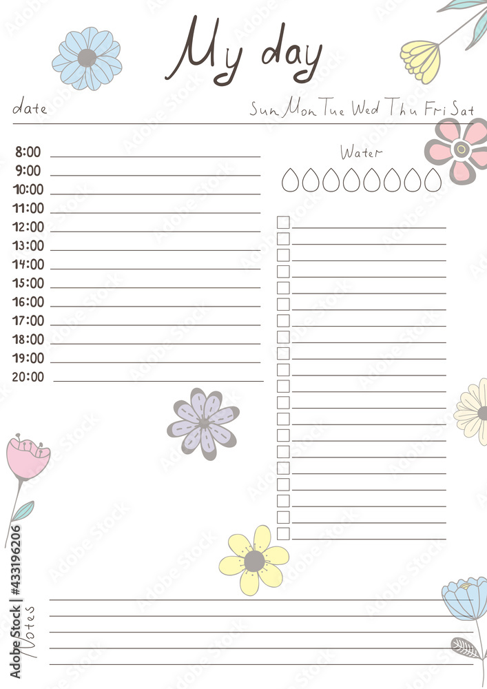 Printable A4 paper sheet with day planner blank to fill on background ...