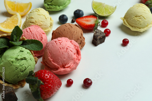 Fruit ice cream and ingredients on white background  space for text