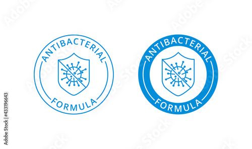 Antibacterial formula for skincare product package, soap, hand sanitizer, washing gel. Coronavirus protection covid hygiene stamp. Shield with bacteria icon
