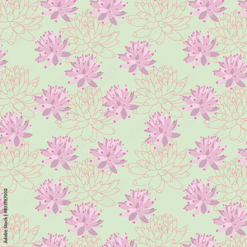 Succulents Vector Seamless Pattern Background Texture. Greate as a fabric, textile print, wallpaper, scrapbooking, packaging or giftwrap. Surface pattern design.