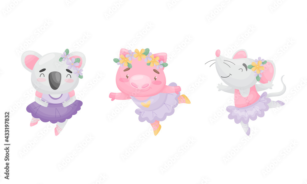 Cute Animals in Ballerina Dress Dancing Vector Set