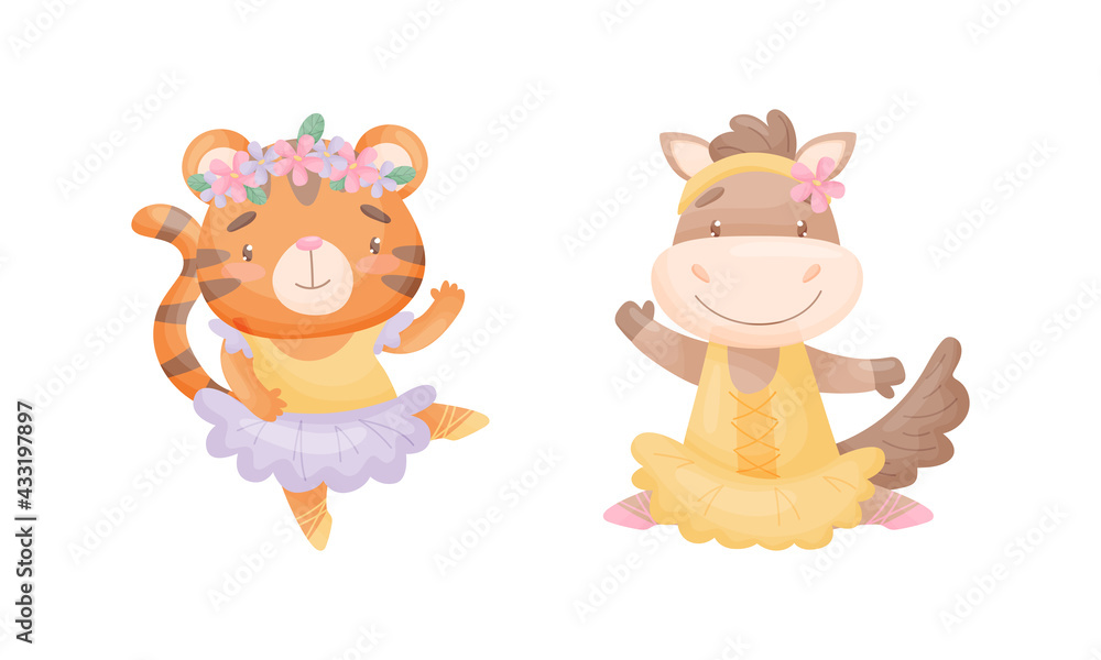 Cute Animals in Ballerina Dress Dancing Vector Set Cute Animals in Ballerina Dress Dancing Vector Set