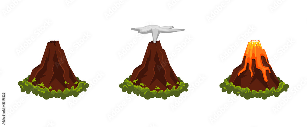 Volcano eruption set with magma and smoke in flat style. Natural disasters. Sleeping and erupting volcano isolated