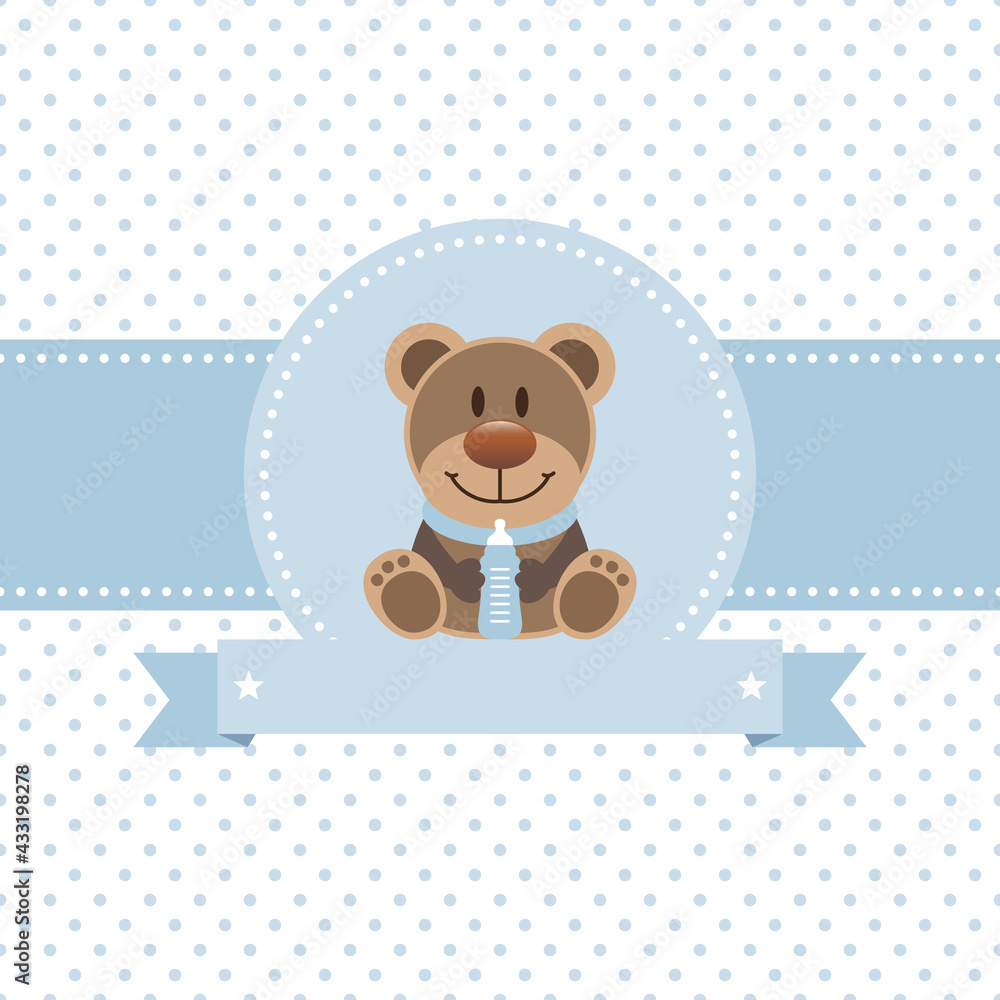 Brauner Teddy Mit Babyflasche Junge Retroblau Banner Punkte