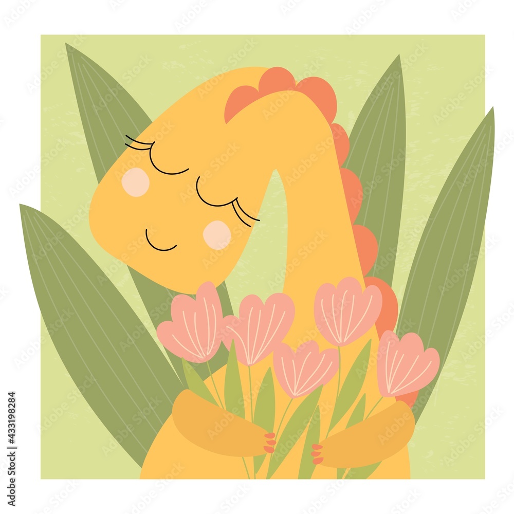 Cute dinosaur with a bouquet of flowers. Vector illustration for congratulations, poster, postcards, covers, decoration of the children's room. Cute dinosaur with a bouquet of flowers. Vector illustration for congratulations, poster, postcards, covers, decoration of the children's room.