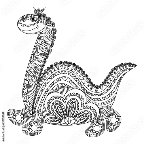 The dinosaur is richly decorated with patterns. Vector illustration in Zentangle style. Drawn monochrome design elements. Coloring book