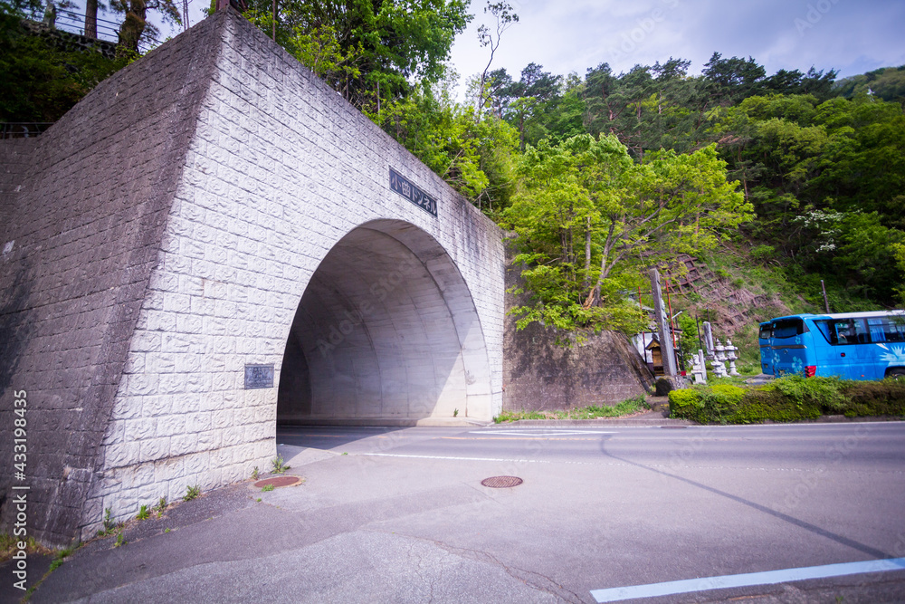 Road in a rectangular tunnel surrounded by green trees. Drive through the mountain Road in a rectangular tunnel surrounded by green trees. Drive through the mountain