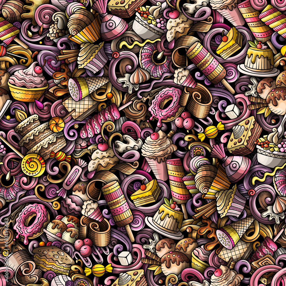 Fototapeta premium Cartoon doodles Desserts seamless pattern.