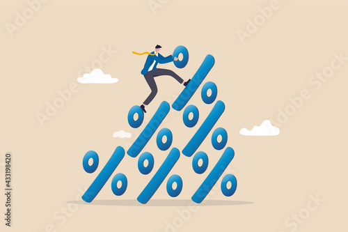 financial growth profit, sale or discount, interest rate or inflation percentage concept, businessman climbing to the top pile of percentage signs metaphor of increasing in percent.