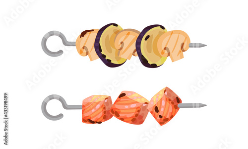 Meat and Vegetables Slabs Skewered on Metal Spits Vector Set