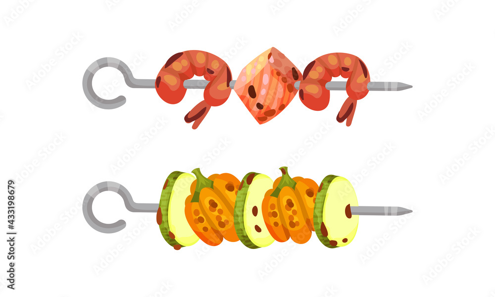 Meat and Vegetables Slabs Skewered on Metal Spits Vector Set Meat and Vegetables Slabs Skewered on Metal Spits Vector Set