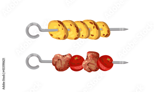 Meat and Vegetables Slabs Skewered on Metal Spits Vector Set