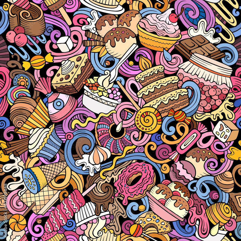 Cartoon doodles Desserts seamless pattern.
