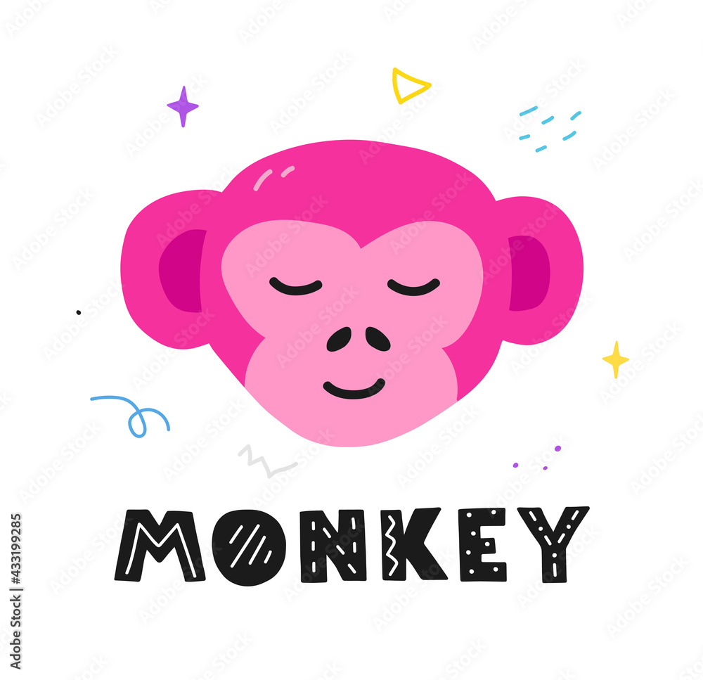 Cute hand drawn monkey with lettering. Flat vector illustration for kid design.