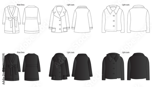 Heavy coasts parkas  Jackets outerwear vector illustration. Drawing flat sketch for CAD mockup.