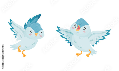 Cute Blue Bird with Spread Wings Tweeting Vector Set © Happypictures