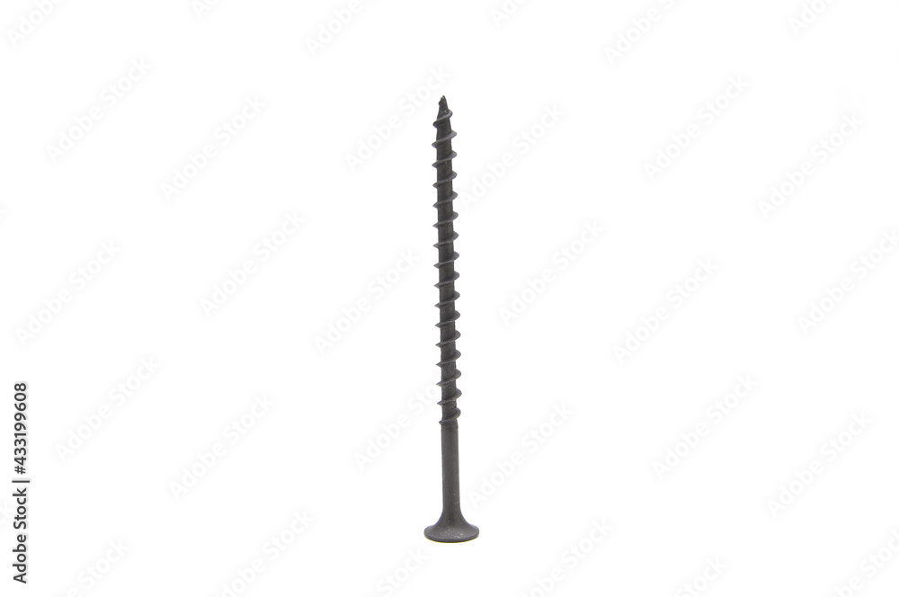 Self-tapping wood on white background close-up. Screw, fasteners, carving, carpentry, macro 