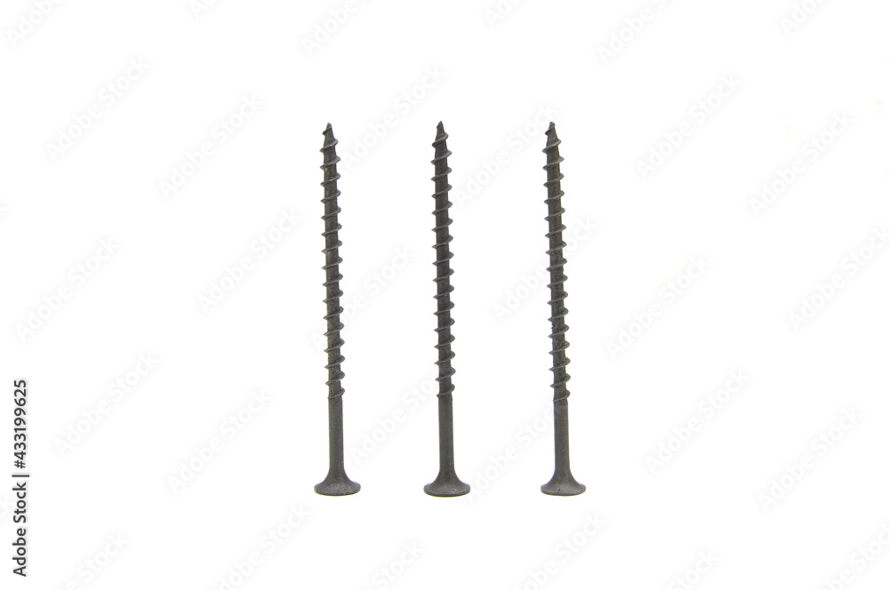 Self-tapping wood on white background close-up. Screw, fasteners, carving, carpentry, macro Self-tapping wood on white background close-up. Screw, fasteners, carving, carpentry, macro