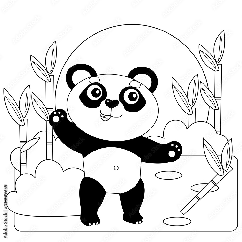 Coloring Page Outline Of cartoon little panda with bamboo or sugar cane ...