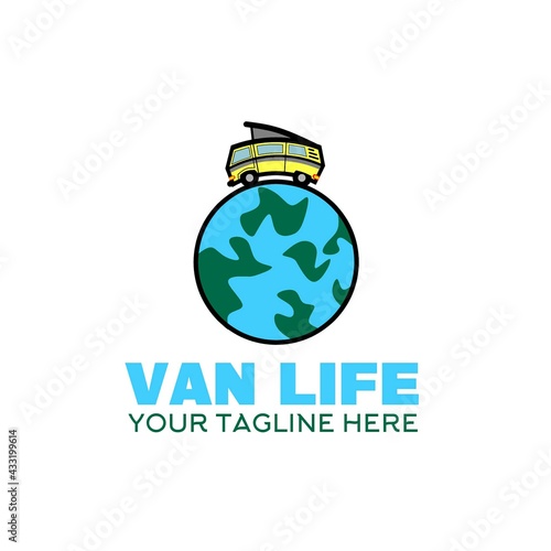 Campervan globe simple logo icon sign symbol for Brand, travel, Trip, clothing, apparel, Banners, Poster, paper, cover, background and wallpaper. 