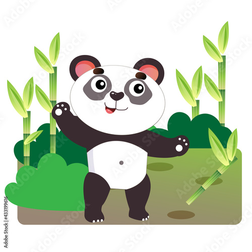 Cartoon little panda with bamboo or sugar cane. Colorful vector illustration for kids.