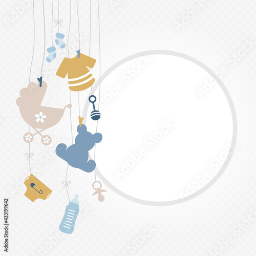 Links Hängende Babysymbole Junge Retroblau Senfgelb Runde Rahmen Punkte Grau