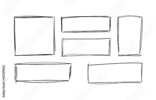 Vector handdrawn squares, drawing frames isolated on white background, black lines, rectangular and square shapes.