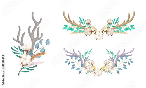 Deer Antlers Arranged with Tender Cotton Flowers and Green Twigs Vector Set