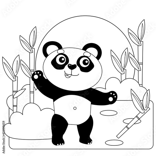 Coloring Page Outline Of cartoon little panda with bamboo or sugar cane. Coloring Book for kids.