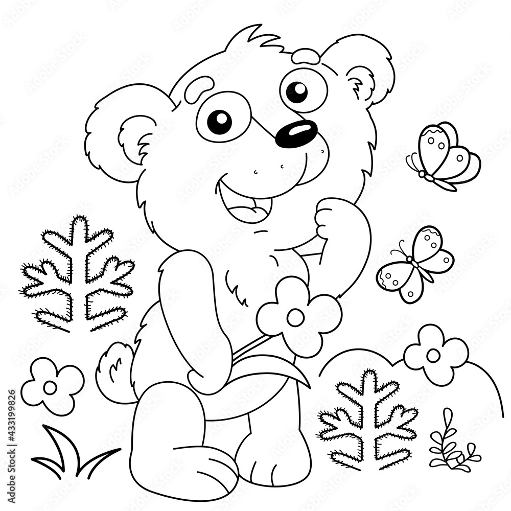 Coloring Page Outline Of cartoon little bear with the flower in forest