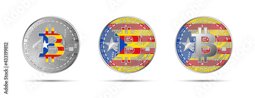 Three Bitcoin crypto coins with the flag of Catalonia. Money of the future. Modern cryptocurrency vector illustration