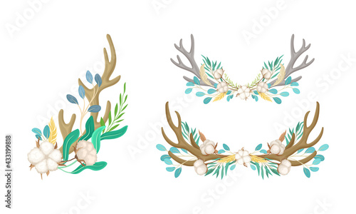 Deer Antlers Arranged with Tender Cotton Flowers and Green Twigs Vector Set © Happypictures