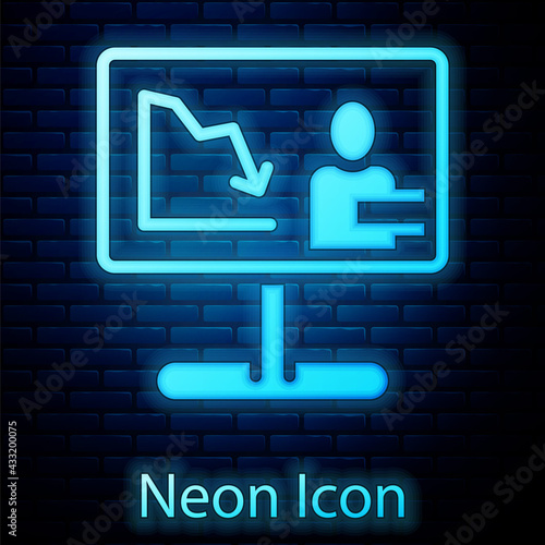 Glowing neon Global economic crisis news icon isolated on brick wall background. World finance crisis. Vector