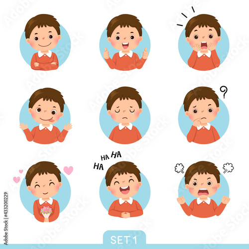 Vector cartoon set of a little boy in different postures with various emotions. Set 1 of 3.