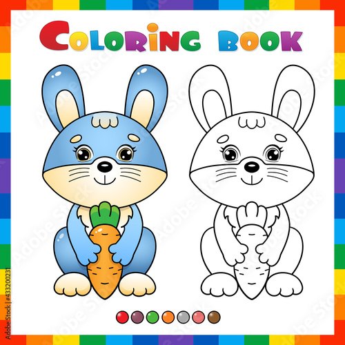 Coloring Page Outline Of cartoon bunny or hare with carrot. Coloring Book for kids.