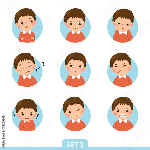 Vector cartoon set of a little boy in different postures with various emotions. Set 3 of 3.