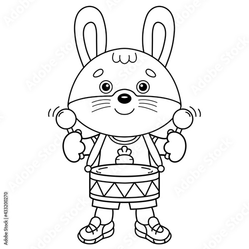 Coloring Page Outline Of cartoon little bunny or hare with toy drum. Coloring Book for kids.