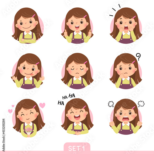 Vector cartoon set of a little girl in different postures with various emotions. Set 1 of 3.