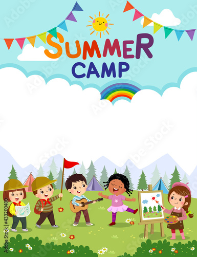 Template for advertising brochure with cartoon of children doing activities on camping. Kids summer camp poster.