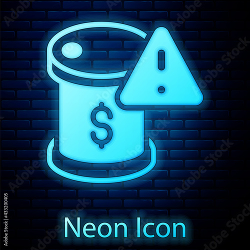 Glowing neon Drop in crude oil price icon isolated on brick wall background. Oil industry crisis concept. Vector