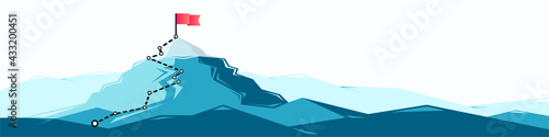 Flag on the mountain peak. Business concept of goal achievement or success. Flat style illustration photo