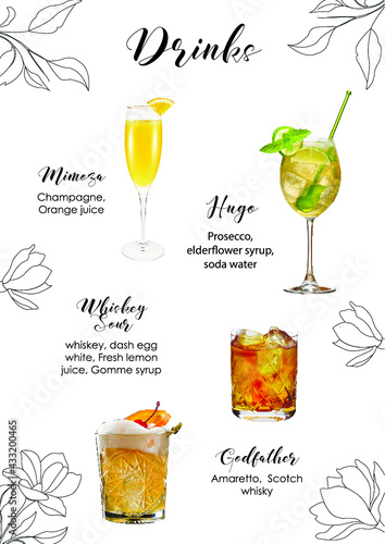 set of cocktails drinks menu