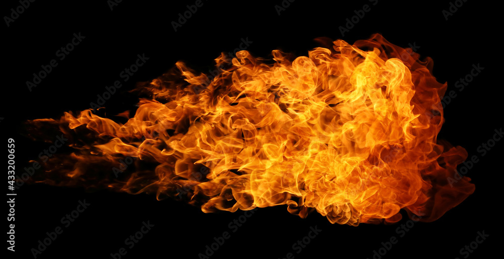 Fire and burning flame of explosive fireball isolated on dark background for graphic design