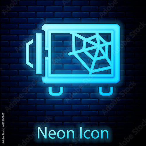 Glowing neon Safe icon isolated on brick wall background. The door safe a bank vault with a combination lock. Reliable Data Protection. Vector