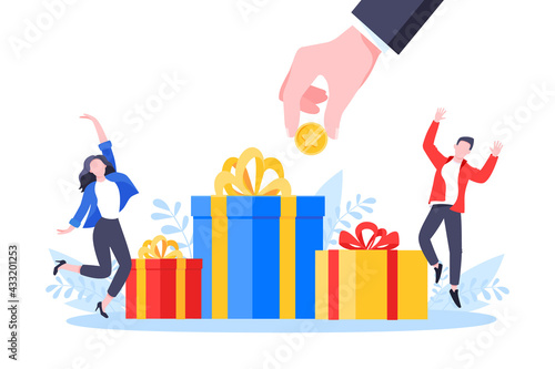 Earn loyalty program points, get online reward and gifts. Get loyalty card and customer service business concept flat design vector illustration. Tiny people with big gift boxes.