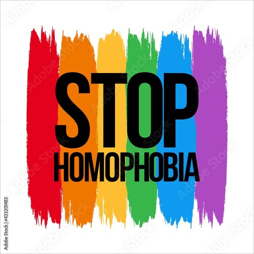 Stop Homophobia movement with LGBT flag Brush stroke vector illustration and text effect, Stop Homophobia, black text effect, LGBT flag.