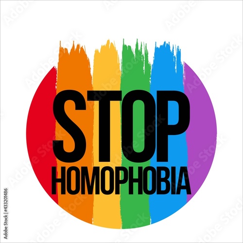 Stop Homophobia with LGBT flag Brush stroke inside round shape vector illustration and text effect, Stop Homophobia, black text effect, LGBT flag, Gay and lesbian, Round shape, rainbow.