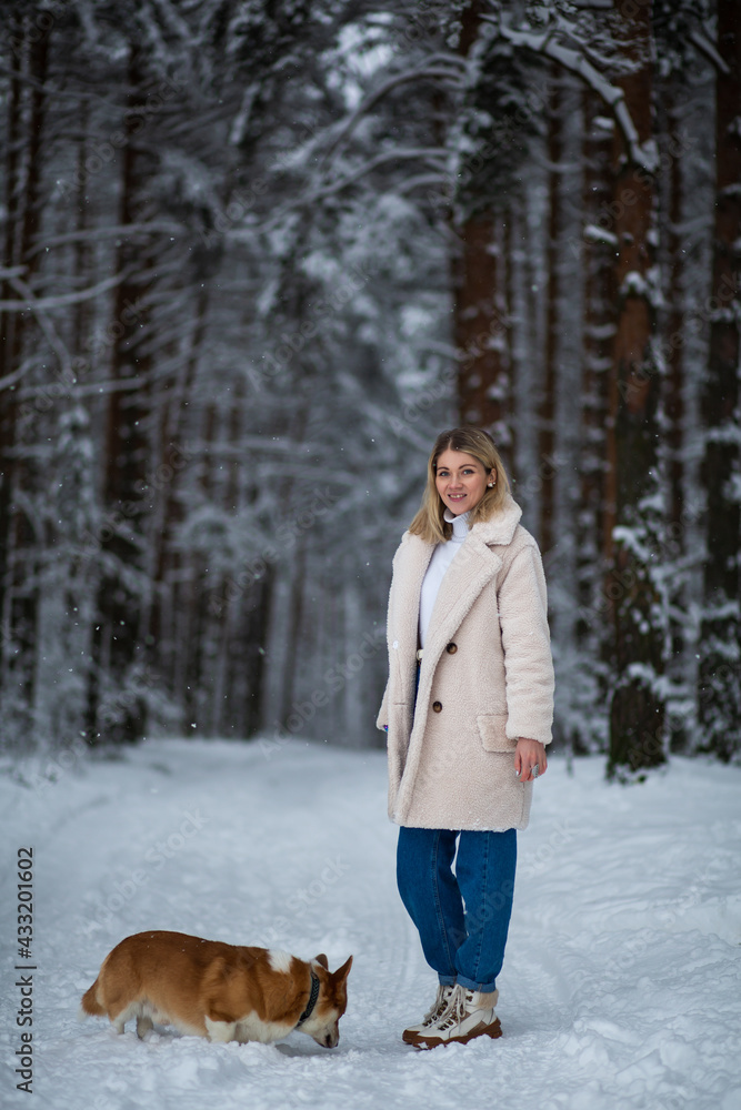 Young blonde female is playing with her welsh corgi pembroke in a winter snowy forest Young blonde female is playing with her welsh corgi pembroke in a winter snowy forest