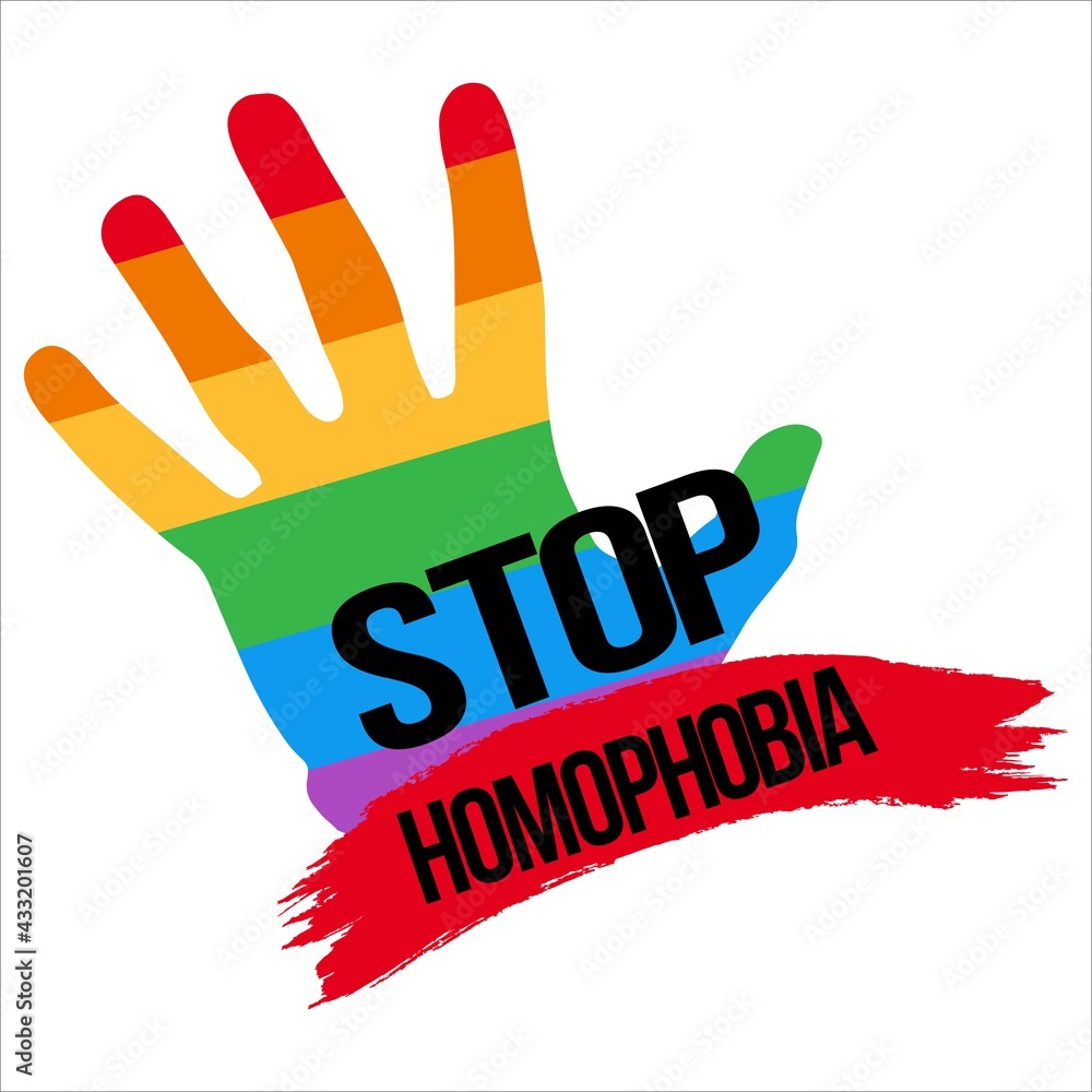 Stop Homophobia Movement With Lgbt Flag And Hand Shape Vector Illustration And Text Effect Stop